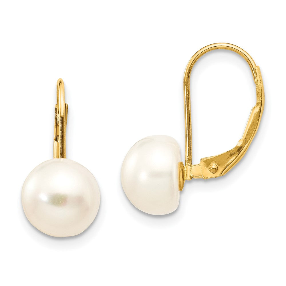 14K 8- White Button Freshwater Cultured Pearl Leverback Earrings
