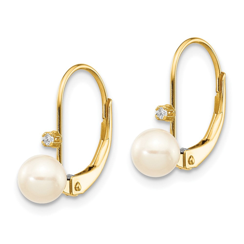 14k 5- White Round Freshwater Cultured Pearl and .02 Carat Diamond Leverback Earrings