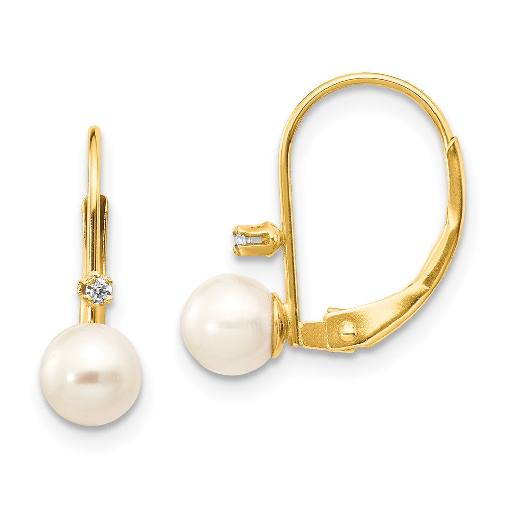 14k 5- White Round Freshwater Cultured Pearl and .02 Carat Diamond Leverback Earrings