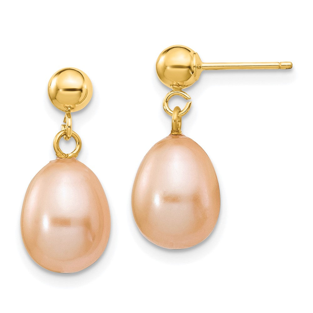 14k 8- Pink Rice Freshwater Cultured Pearl Post Dangle Earrings