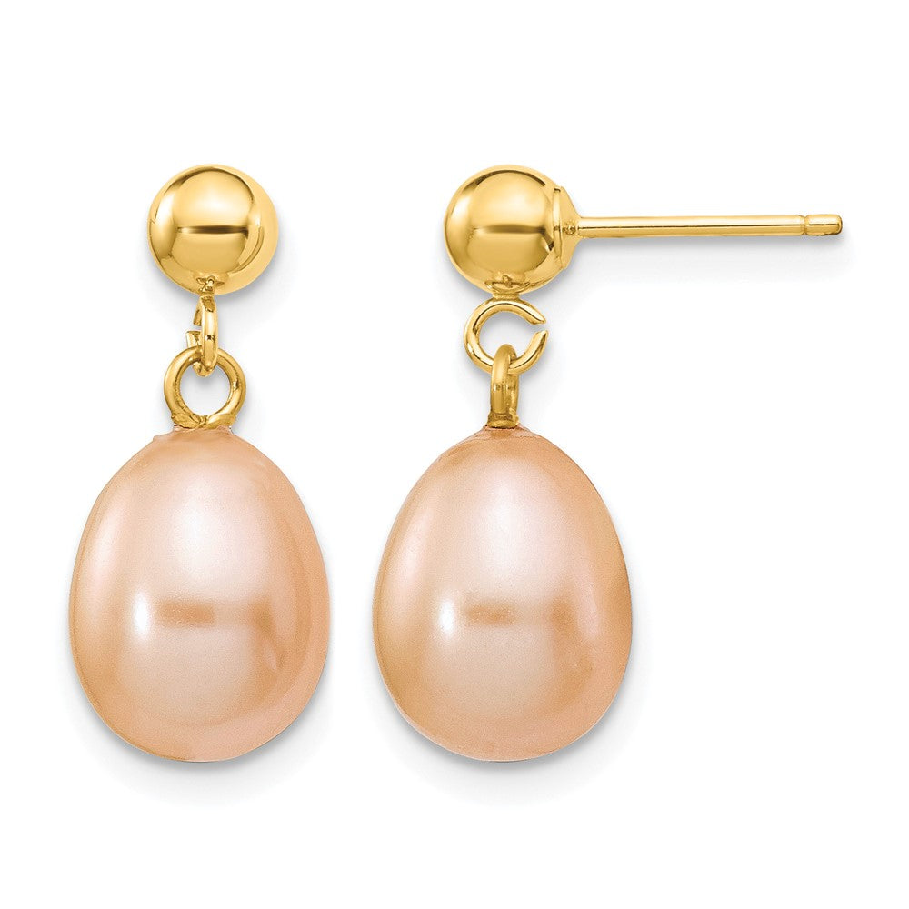 14k 8- Pink Rice Freshwater Cultured Pearl Dangle Post Earrings