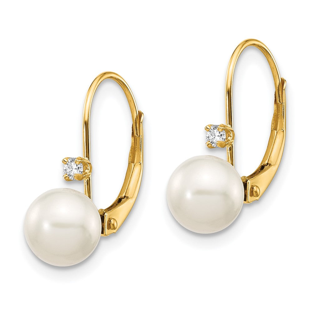 14k 6- White Round Freshwater Cultured Pearl and .06 Carat Diamond Leverback Earrings