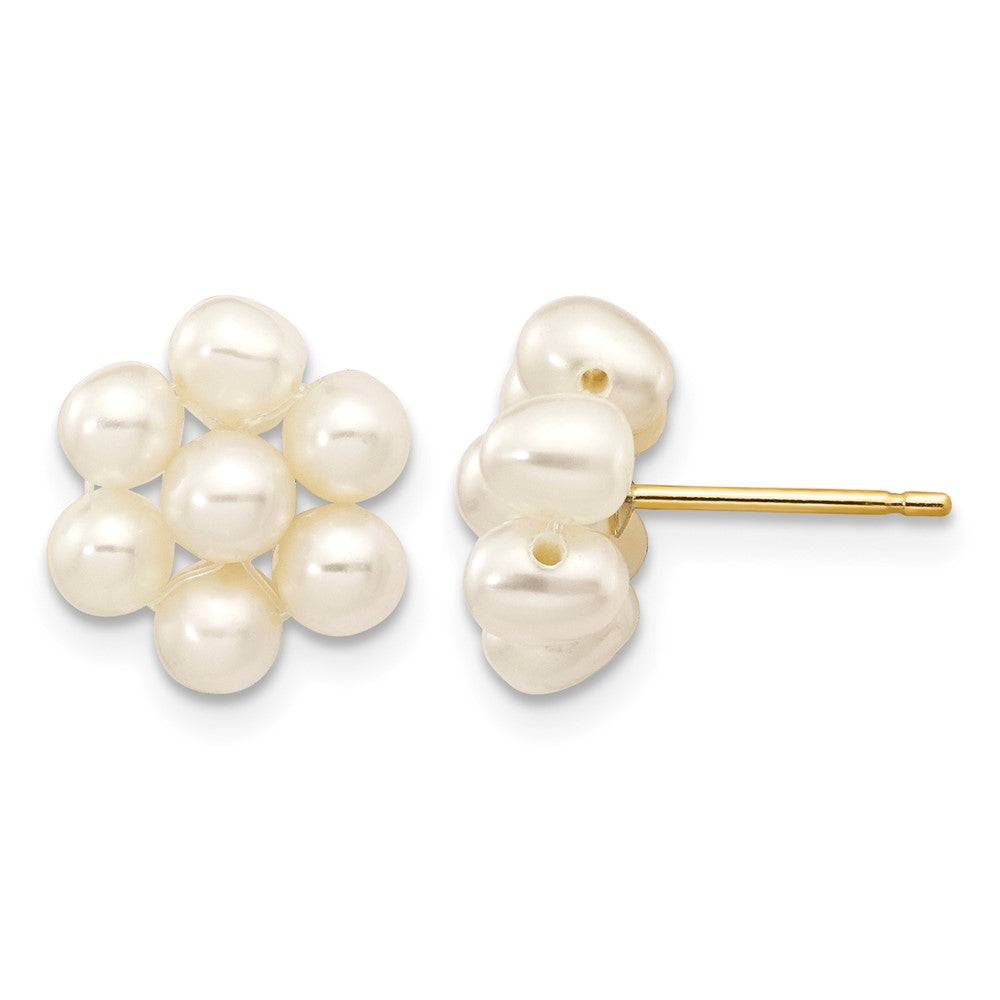 14k 3- White Egg-shape Freshwater Cultured Pearl Flower Post Earrings