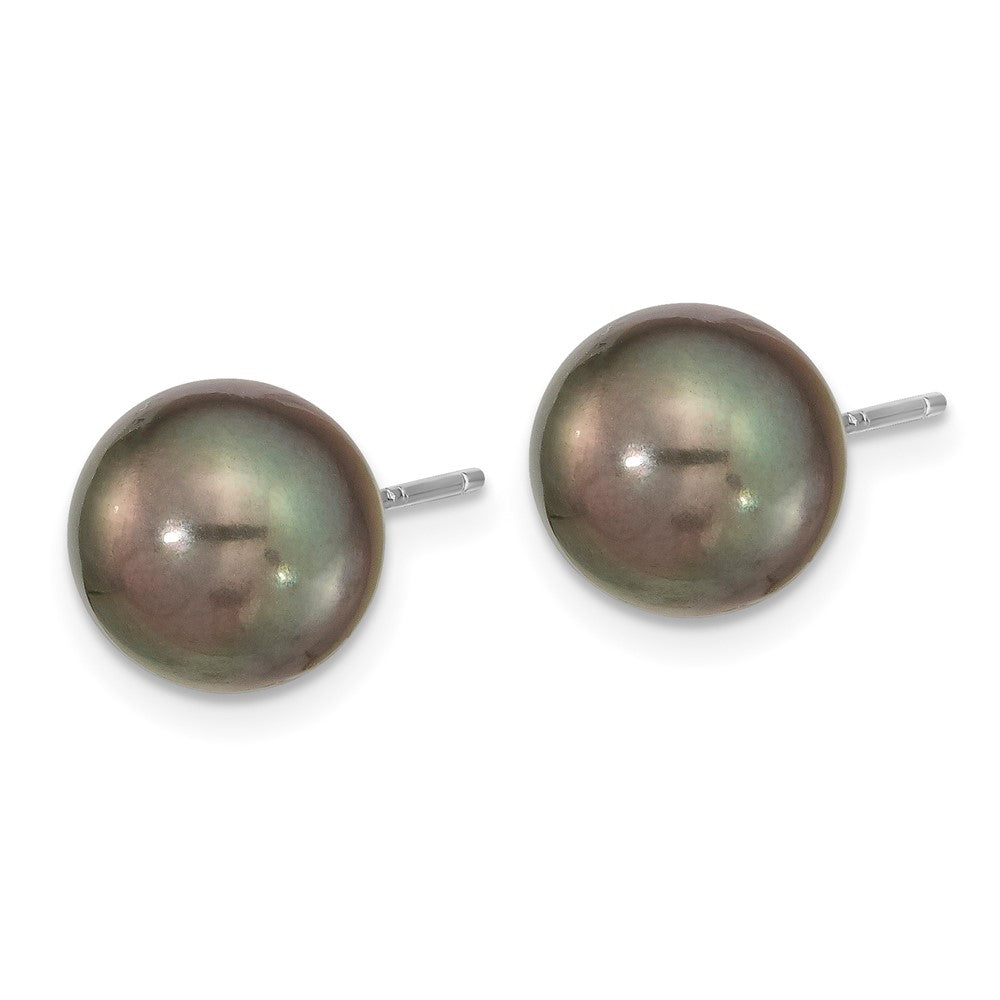 14k WG 9- Black Round Saltwater Cultured Tahitian Pearl Post Earrings