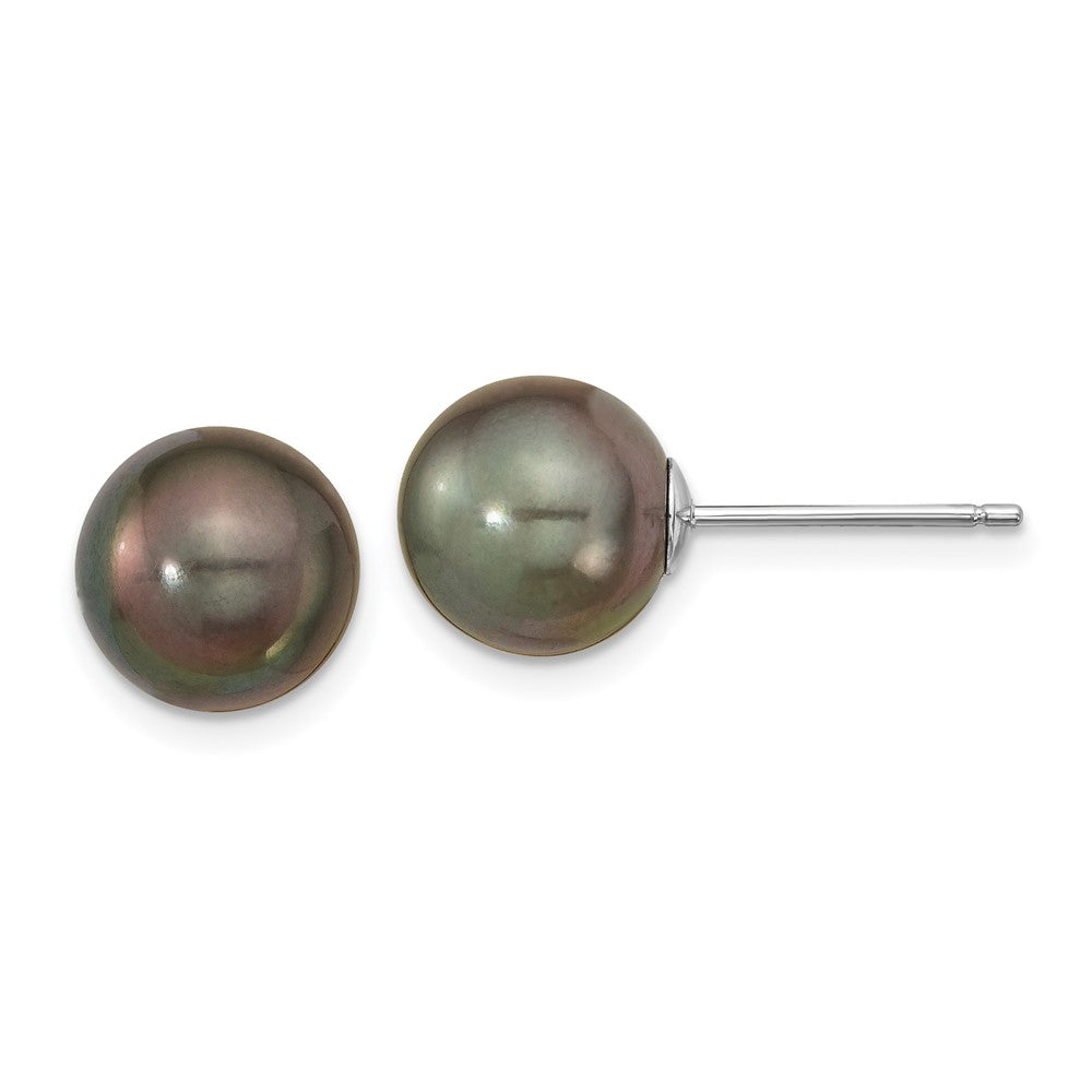 14k WG 9- Black Round Saltwater Cultured Tahitian Pearl Post Earrings