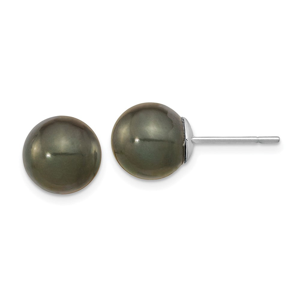 14k WG 10- Black Round Saltwater Cultured Tahitian Pearl Post Earrings