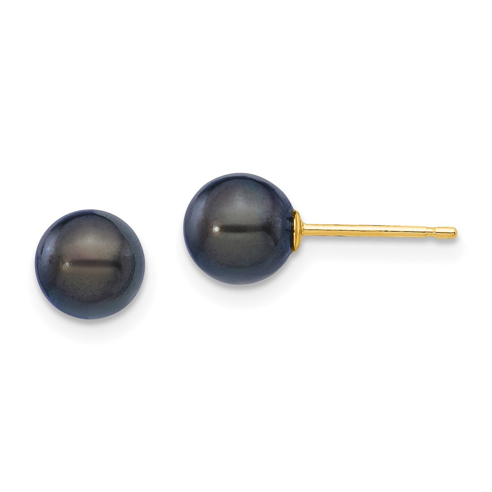 14k 6- Black Round Akoya Saltwater Cultured Pearl Post Earrings