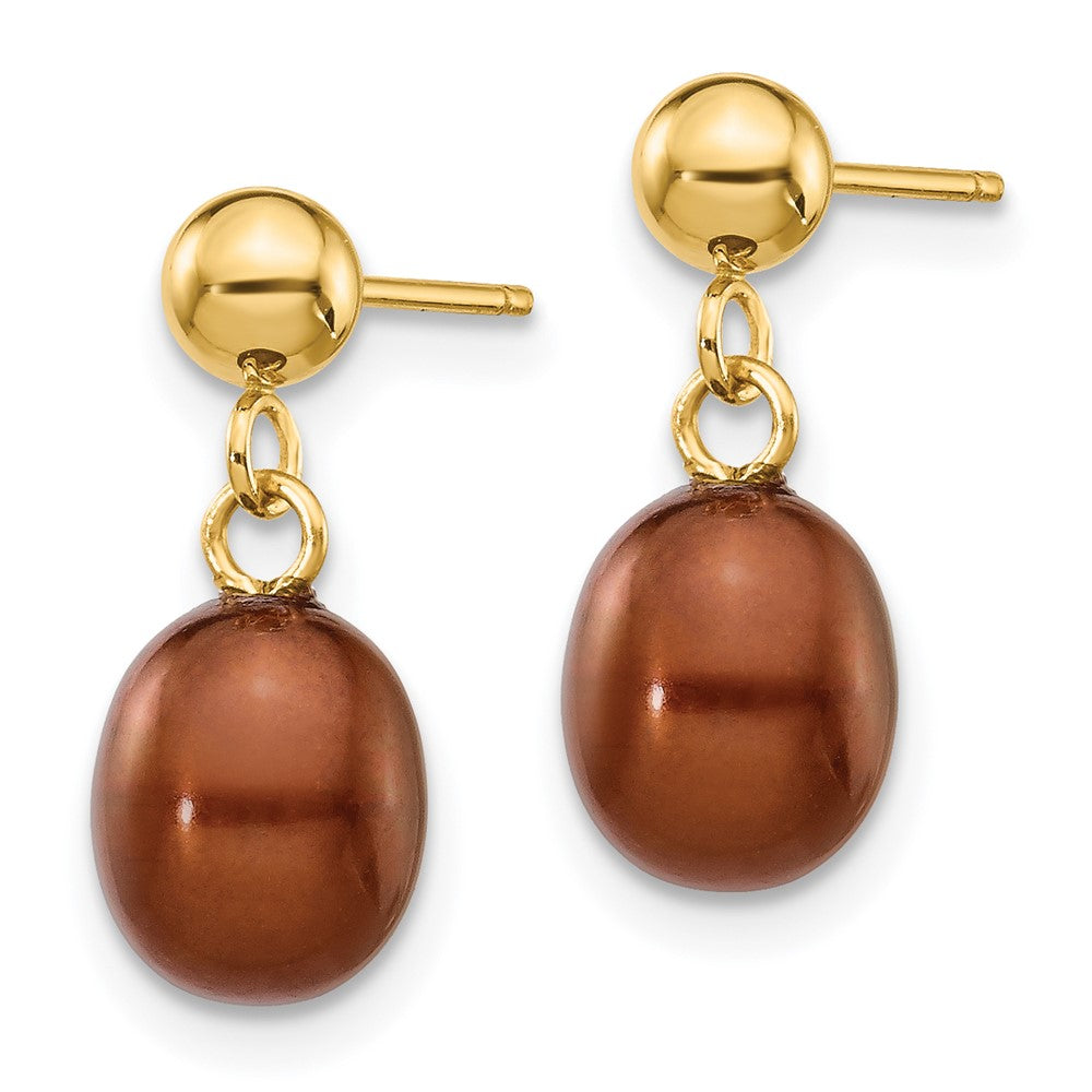 14k 6- Brown Rice Freshwater Cultured Pearl Dangle Post Earrings