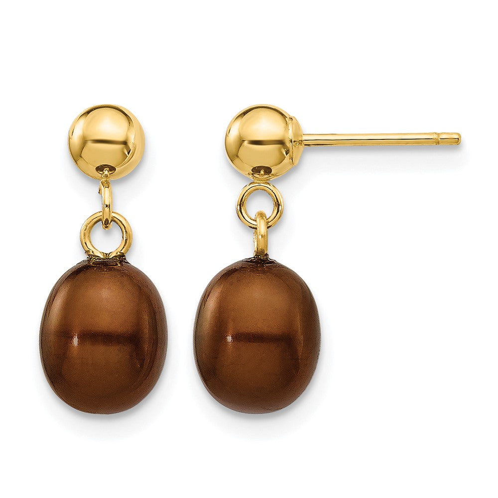 14k 6- Brown Rice Freshwater Cultured Pearl Dangle Post Earrings