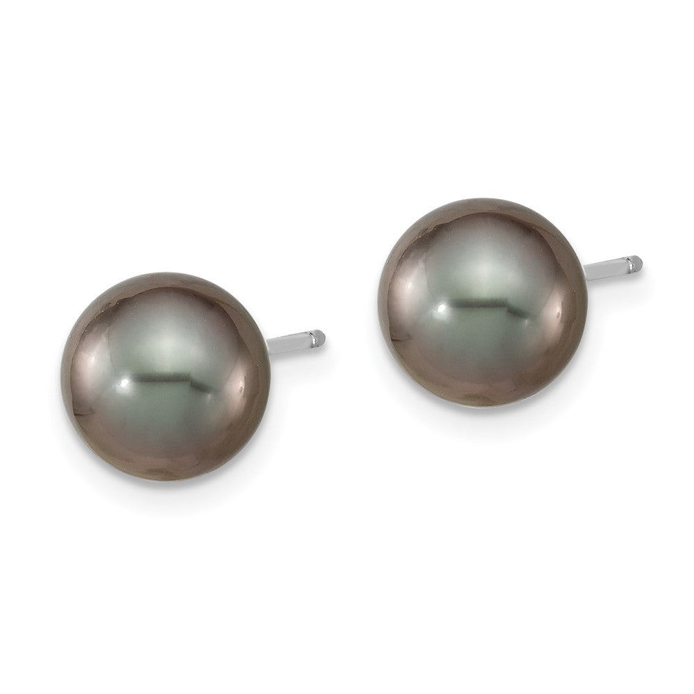 14k WG 8- Black Round Saltwater Cultured Tahitian Pearl Post Earrings