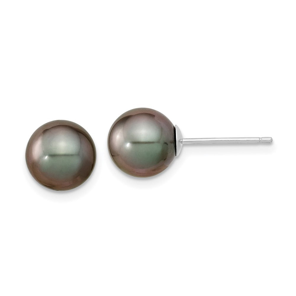 14k WG 8- Black Round Saltwater Cultured Tahitian Pearl Post Earrings