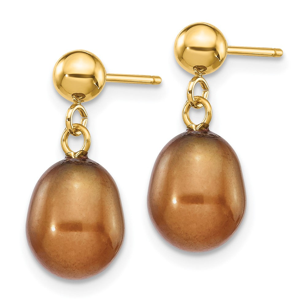 14k 7- Brown Rice Freshwater Cultured Pearl Dangle Post Earrings