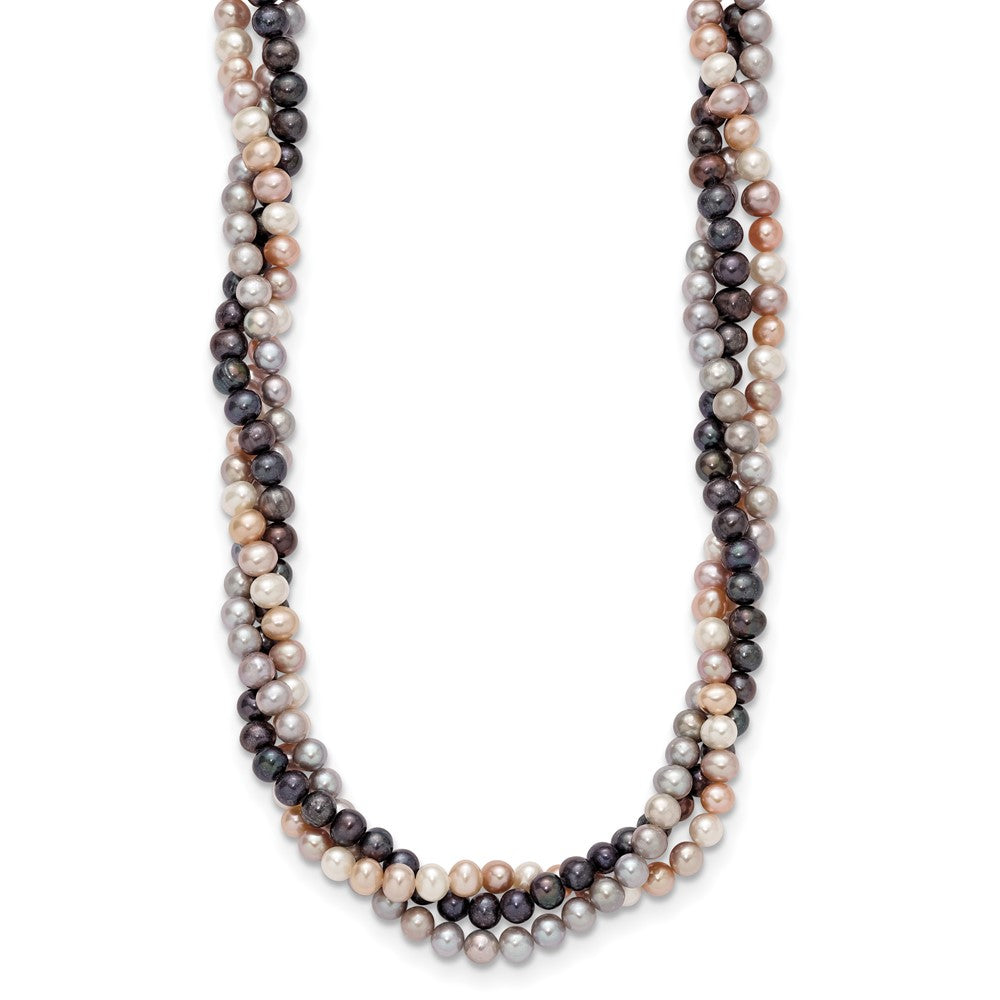 14k White Gold 6- Multicolor Near-Round Freshwater Cultured Pearl 3-Strand Necklace