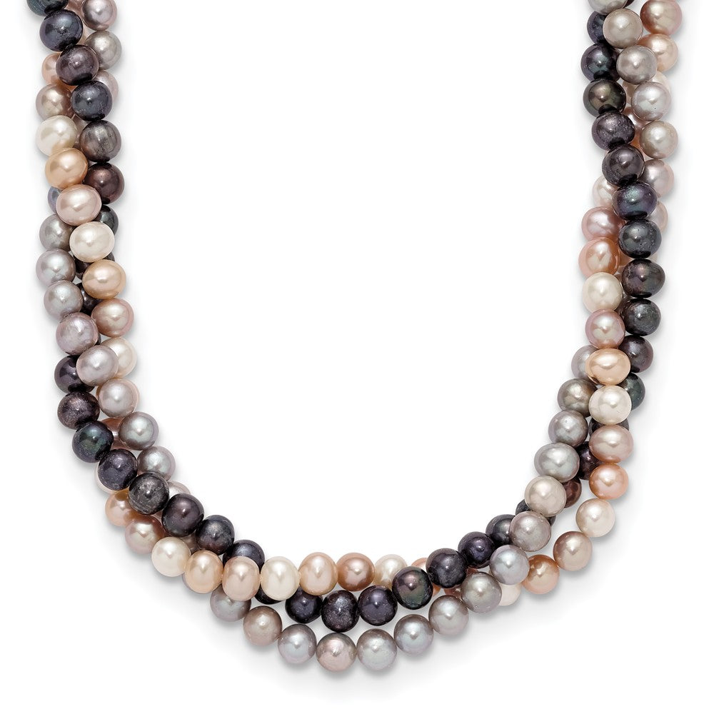 14k White Gold 6- Multicolor Near-Round Freshwater Cultured Pearl 3-Strand Necklace