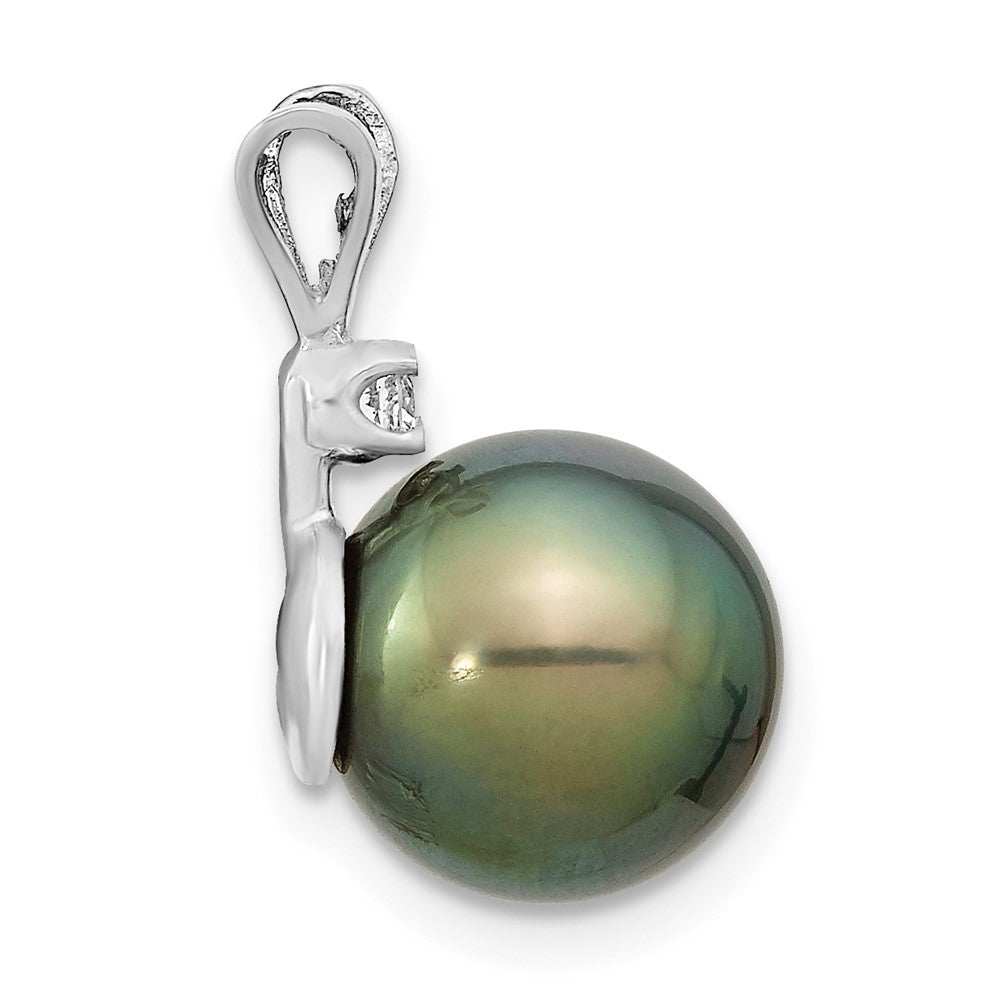 14k White Gold 10- Round Black Tahitian Saltwater Cultured Pearl and .05 Carat Diamond Pendant