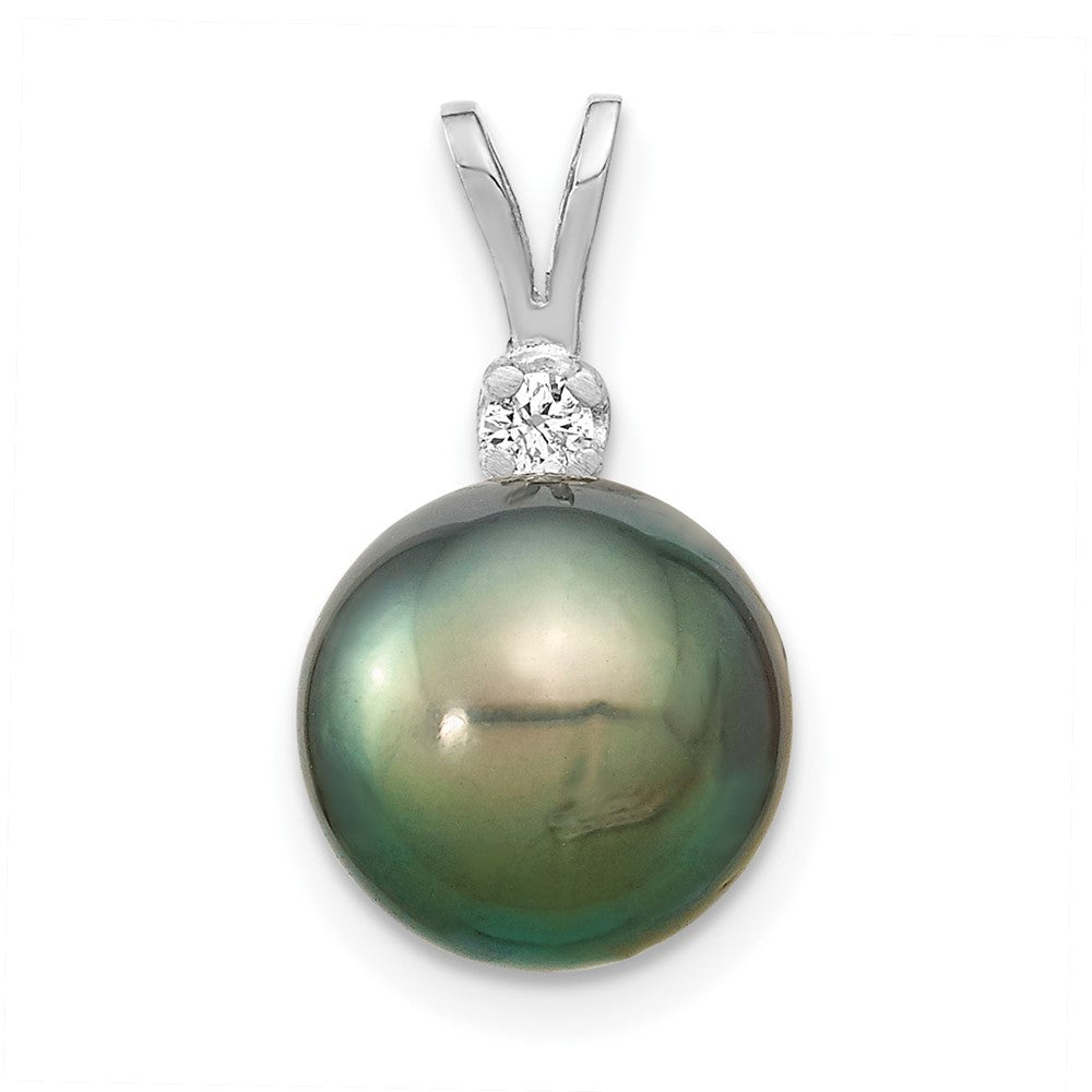 14k White Gold 10- Round Black Tahitian Saltwater Cultured Pearl and .05 Carat Diamond Pendant