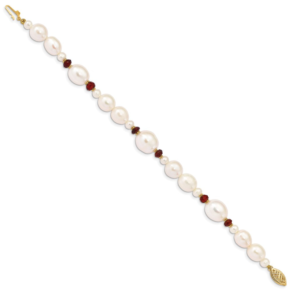 14K 6- White Semi-Round and Rice Freshwater Cultured Pearl and Garnet Beads Bracelet