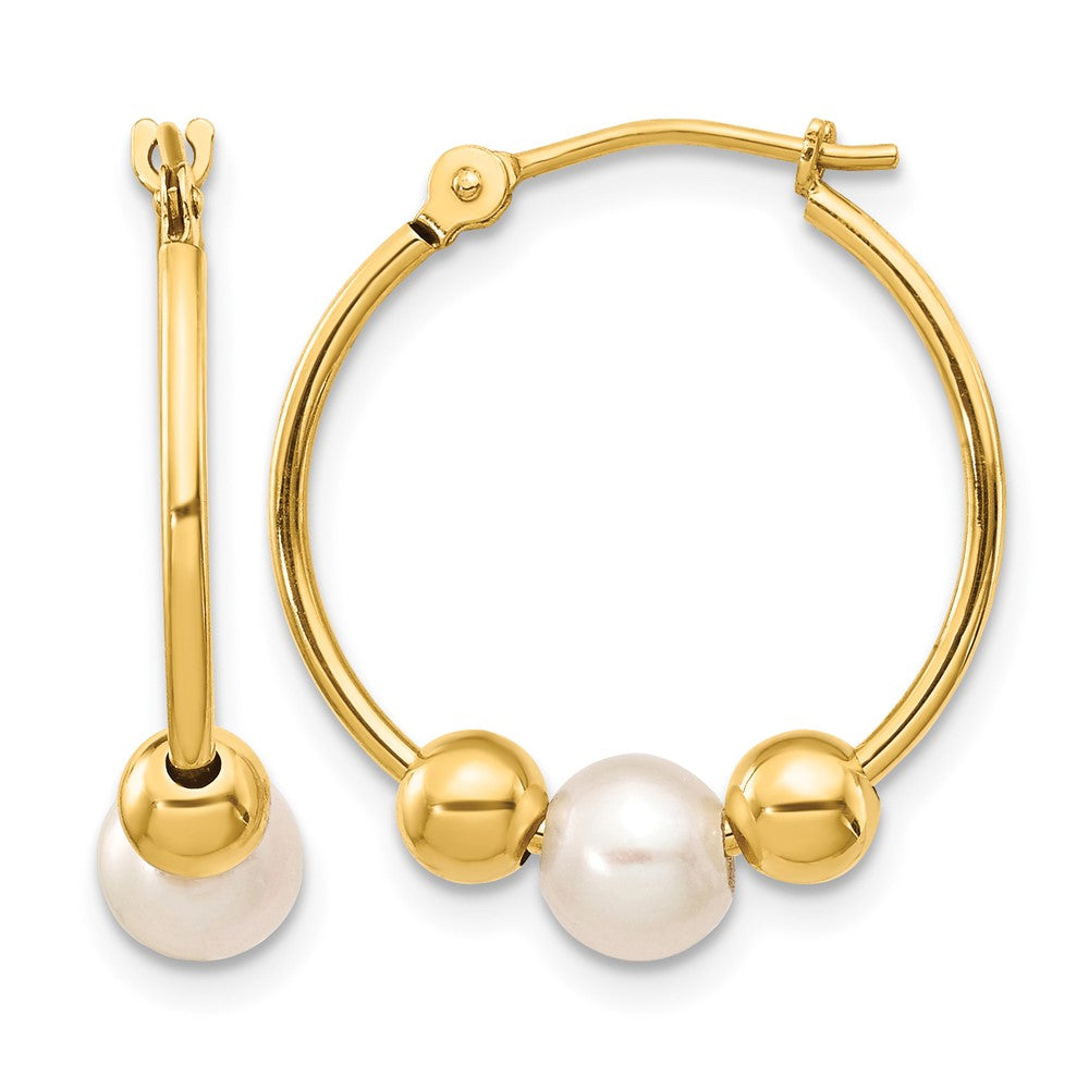 14K 5- White Semi-round Freshwater Cultured Pearl and Beads Polished Hoop Earring