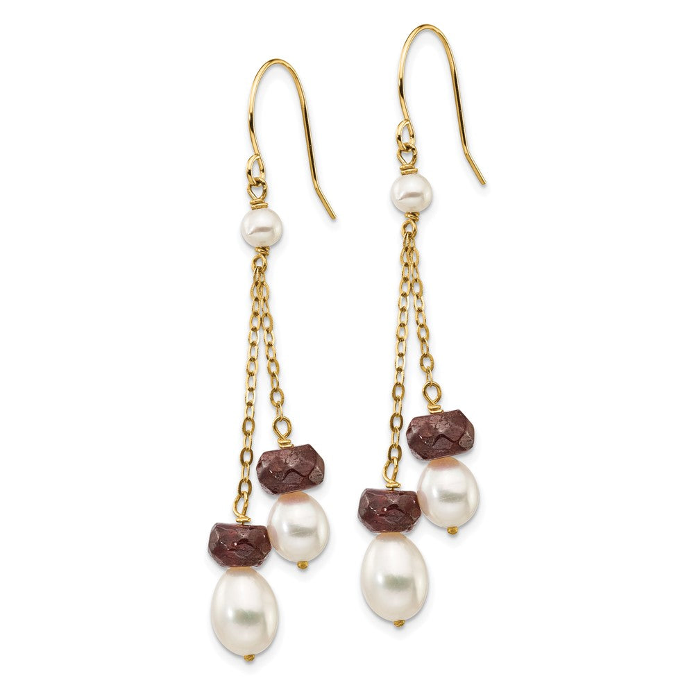 14k 6- White Rice Freshwater Cultured Pearl and 4.0GA Garnet Double Chain Dangle Earrings