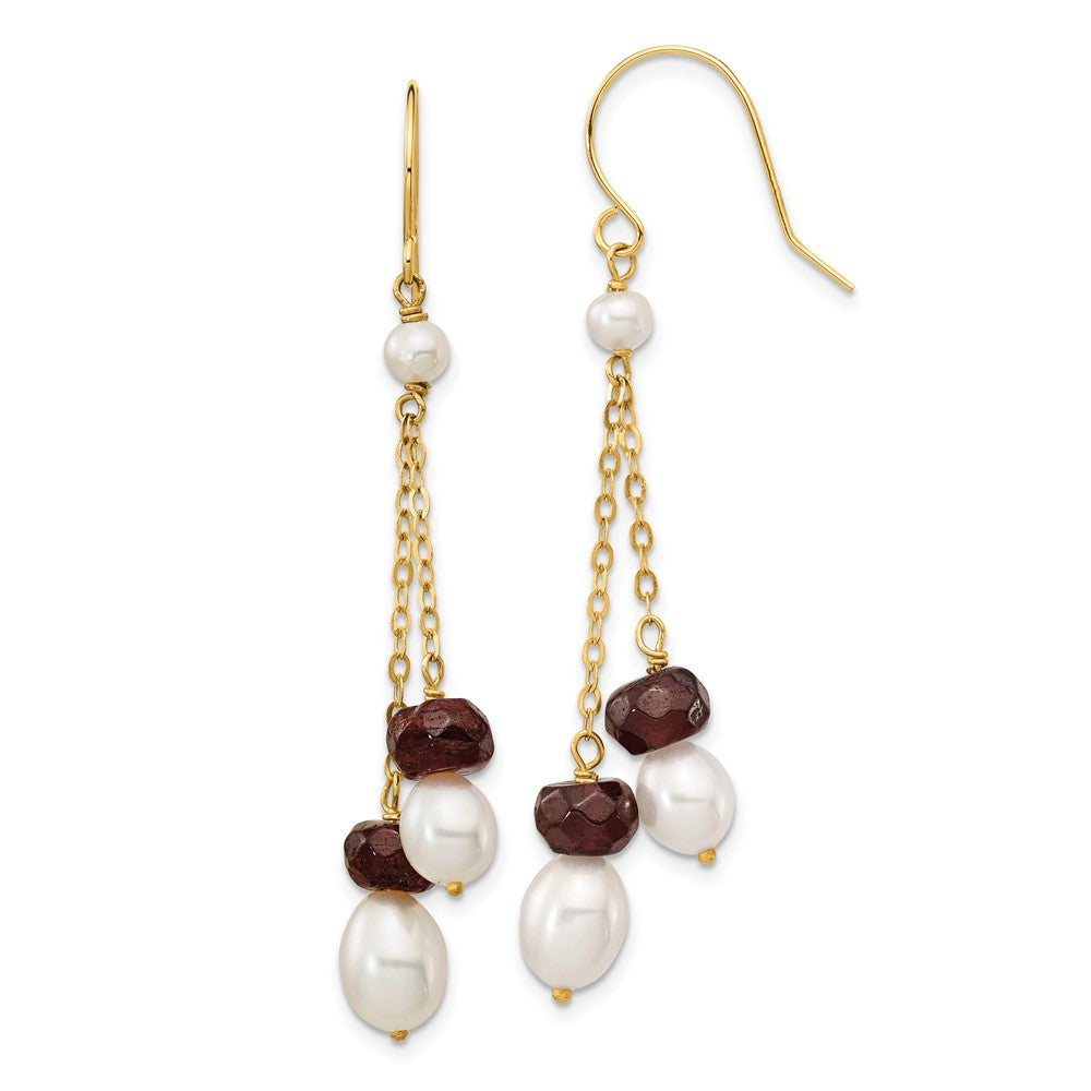 14k 6- White Rice Freshwater Cultured Pearl and 4.0GA Garnet Double Chain Dangle Earrings