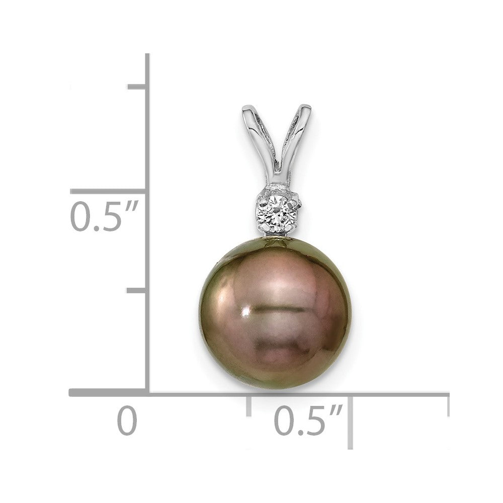 14k White Gold 9- Black Round Tahitian Saltwater Cultured Pearl and .05 Carat Diamond Pendant