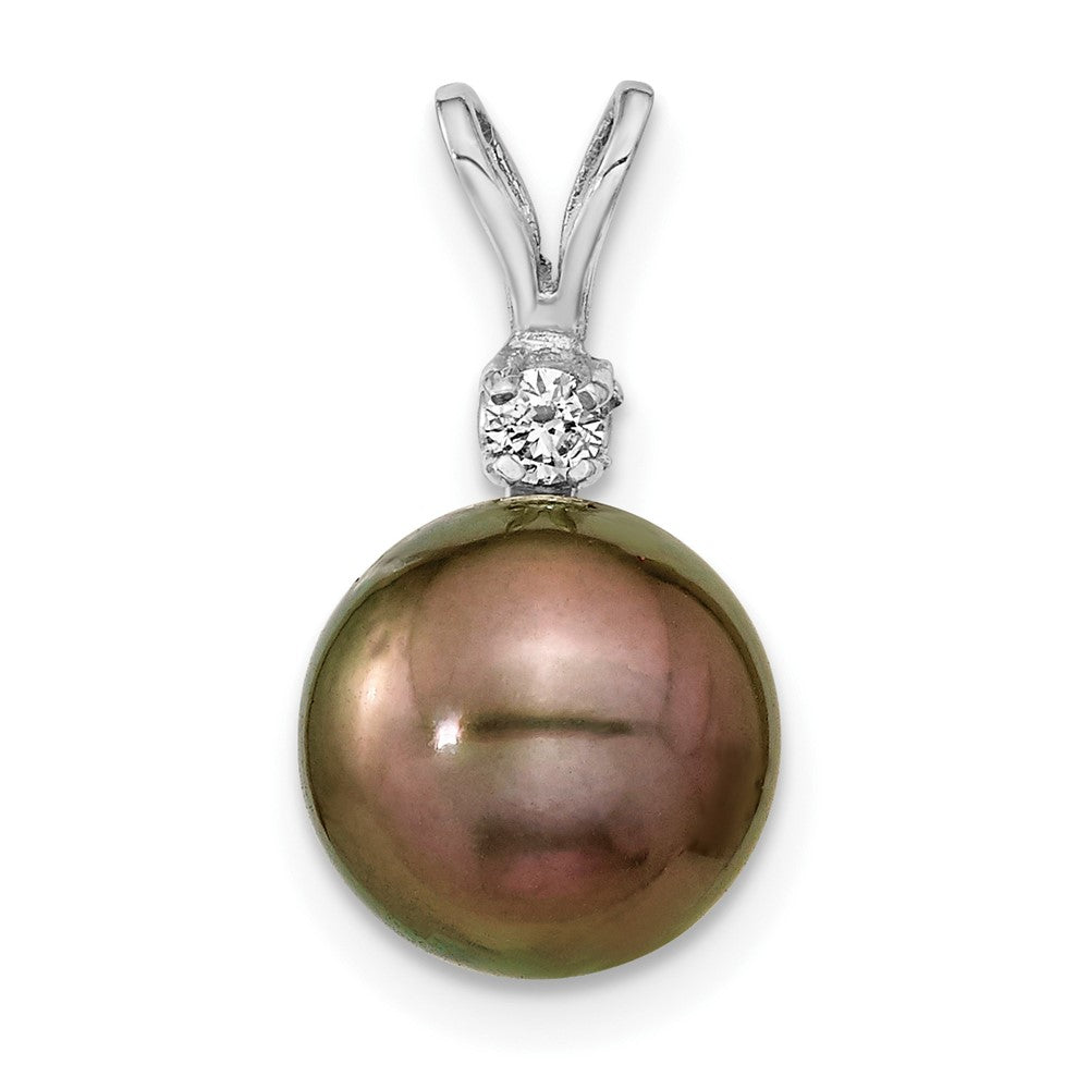 14k White Gold 9- Black Round Tahitian Saltwater Cultured Pearl and .05 Carat Diamond Pendant