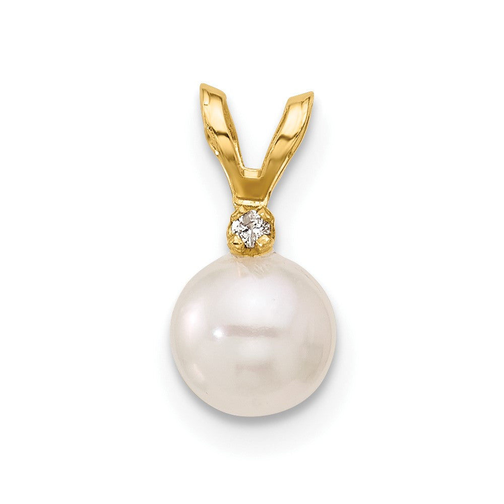 14k 5- White Round Akoya Saltwater Cultured Pearl and .01 Carat Diamond Pendant