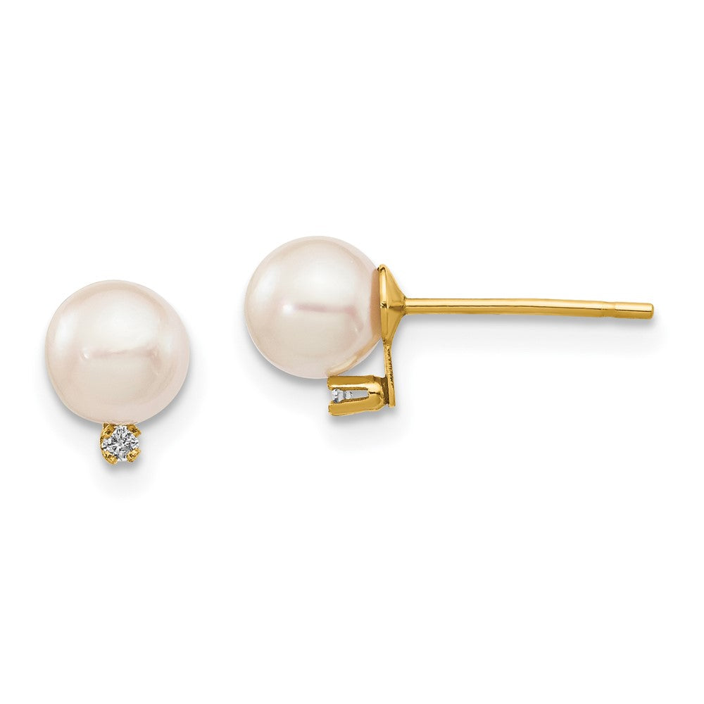 14k 5- White Round Akoya Saltwater Cultured Pearl and .02 Carat Diamond Post Earrings