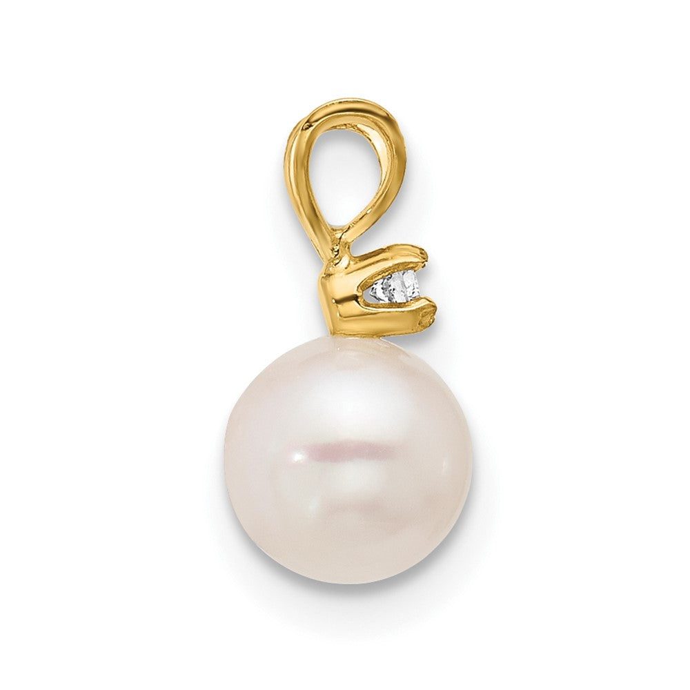 14k 6- White Round Akoya Saltwater Cultured Pearl and .03 Carat Diamond Pendant