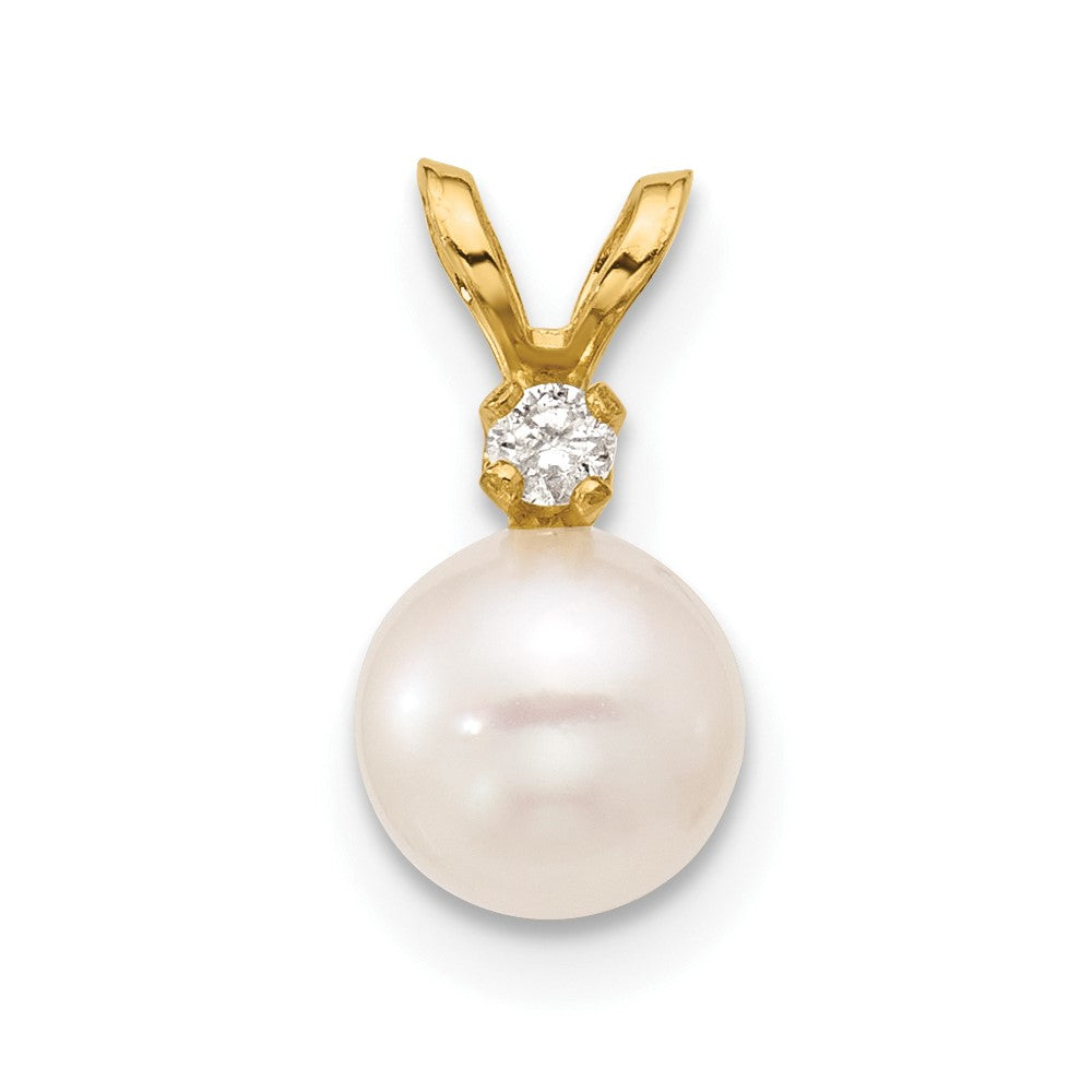 14k 6- White Round Akoya Saltwater Cultured Pearl and .03 Carat Diamond Pendant