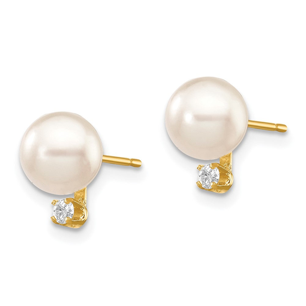 14k 6- White Round Akoya Saltwater Cultured Pearl and 1/20 Carat Diamond Post Earrings