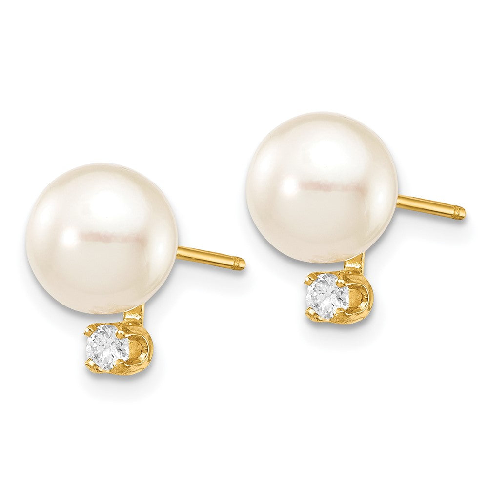 14k 7- White Round Akoya Saltwater Cultured Pearl and 1/10 Carat Diamond Post Earrings