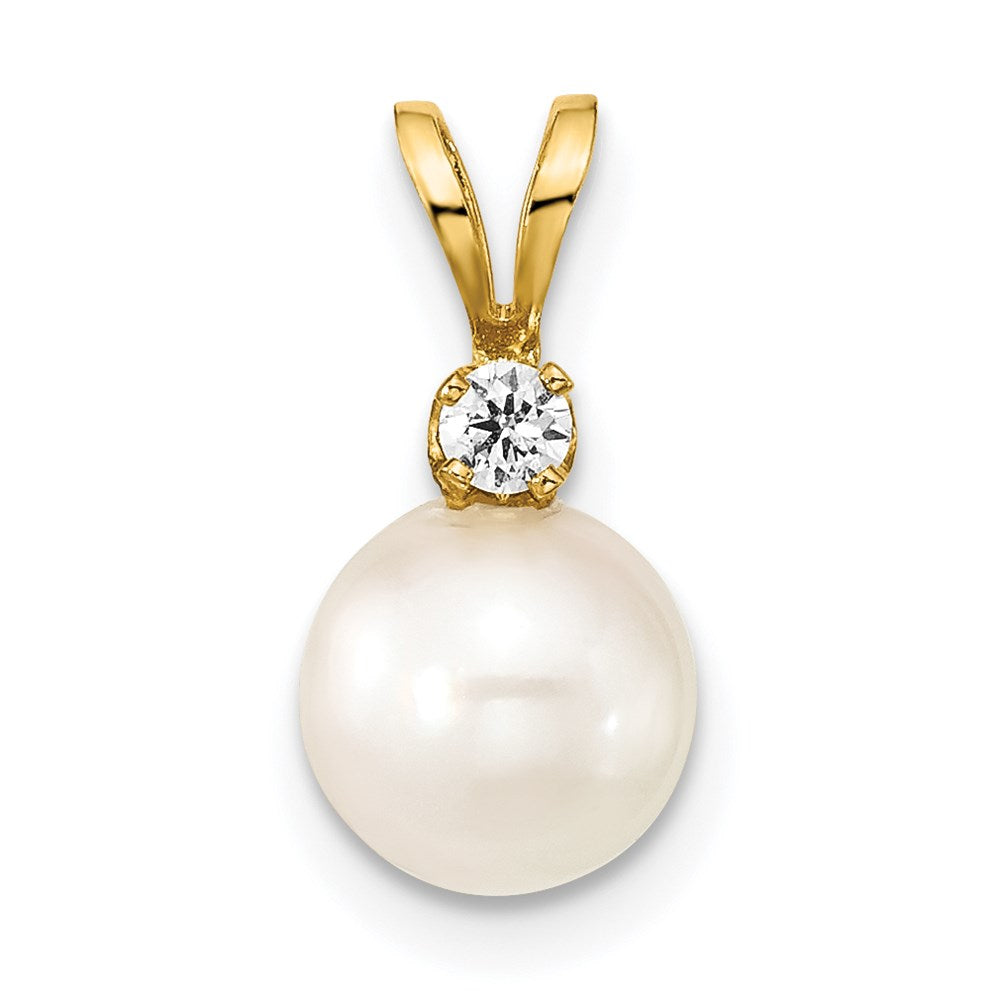 14k 7- White Round Akoya Saltwater Cultured Pearl and 1/20 Carat Diamond Pendant