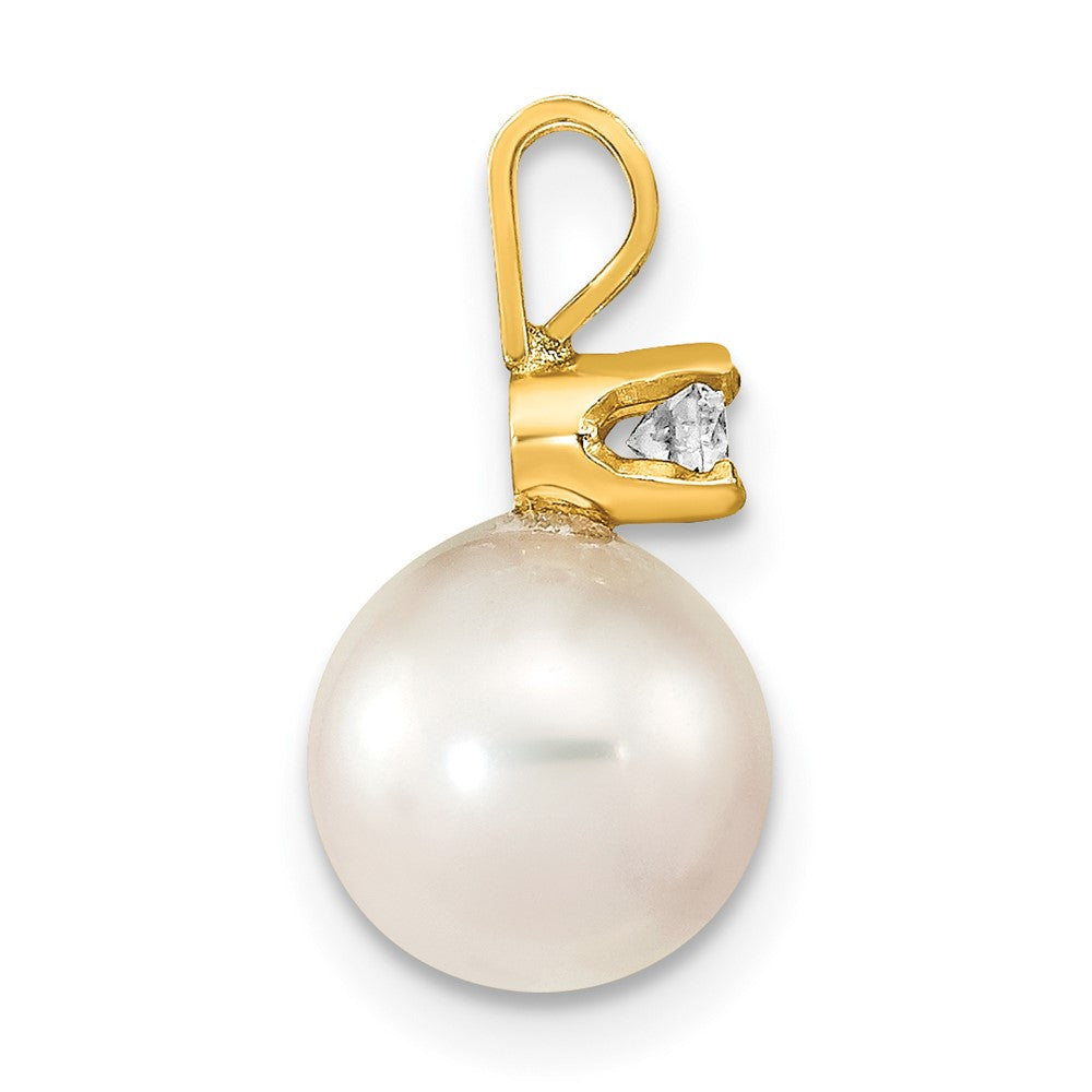 14k 8- White Round Akoya Saltwater Cultured Pearl and 1/10 Carat Diamond Pendant