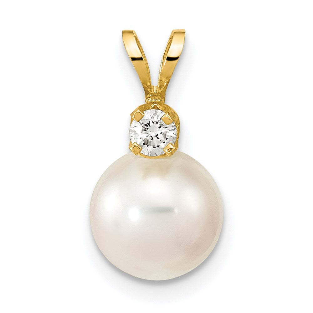 14k 8- White Round Akoya Saltwater Cultured Pearl and 1/10 Carat Diamond Pendant