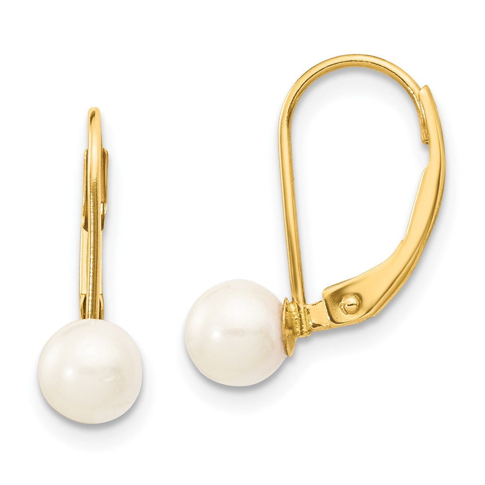 14k 5- White Round Akoya Saltwater Cultured Pearl Leverback Earrings