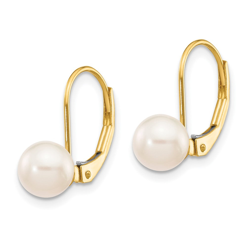 14k 6- White Round Akoya Saltwater Cultured Pearl Leverback Earrings