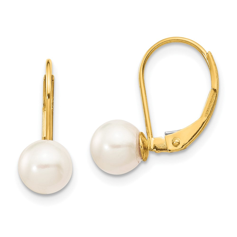 14k 6- White Round Akoya Saltwater Cultured Pearl Leverback Earrings