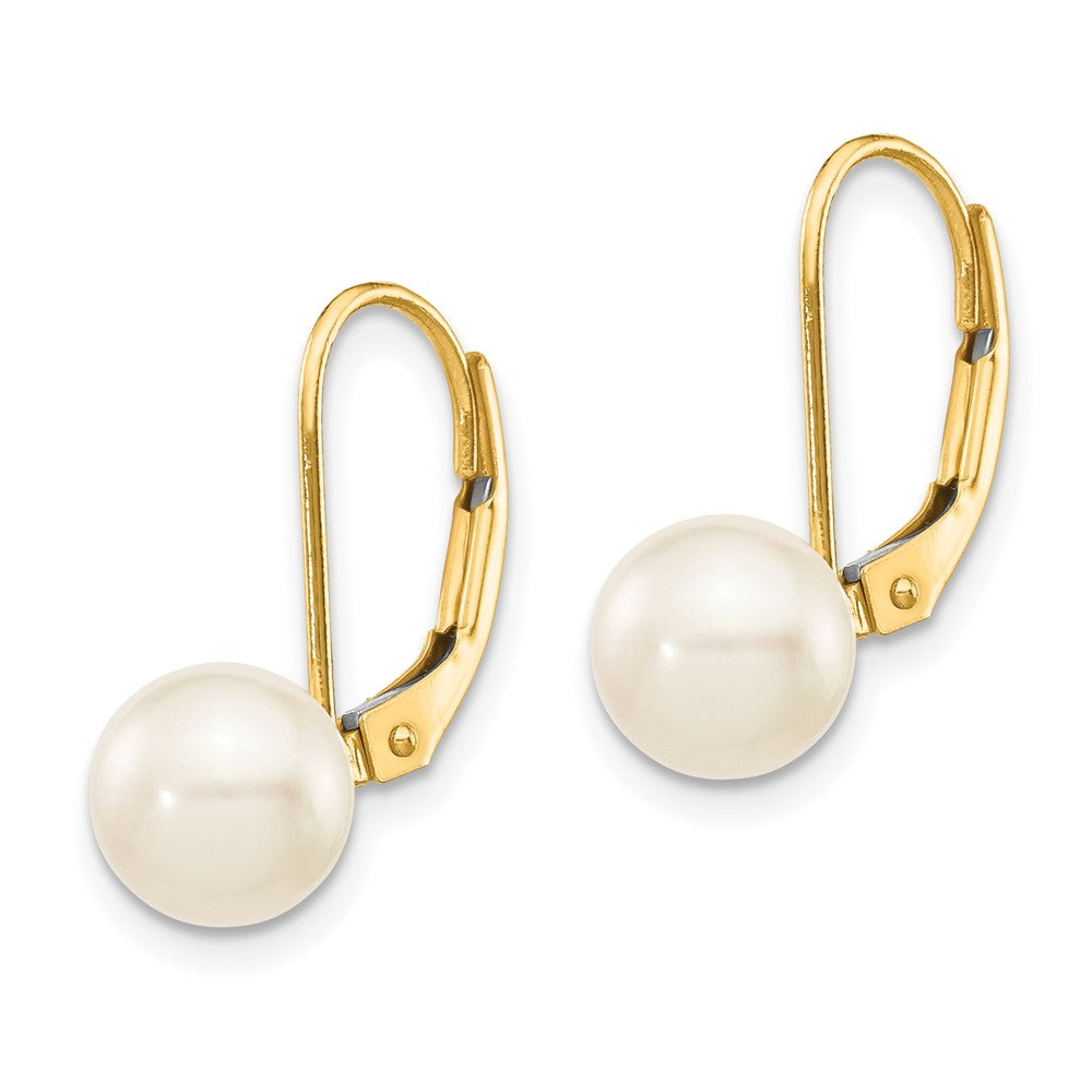 14k 7- White Round Saltwater Akoya Cultured Pearl Leverback Earrings