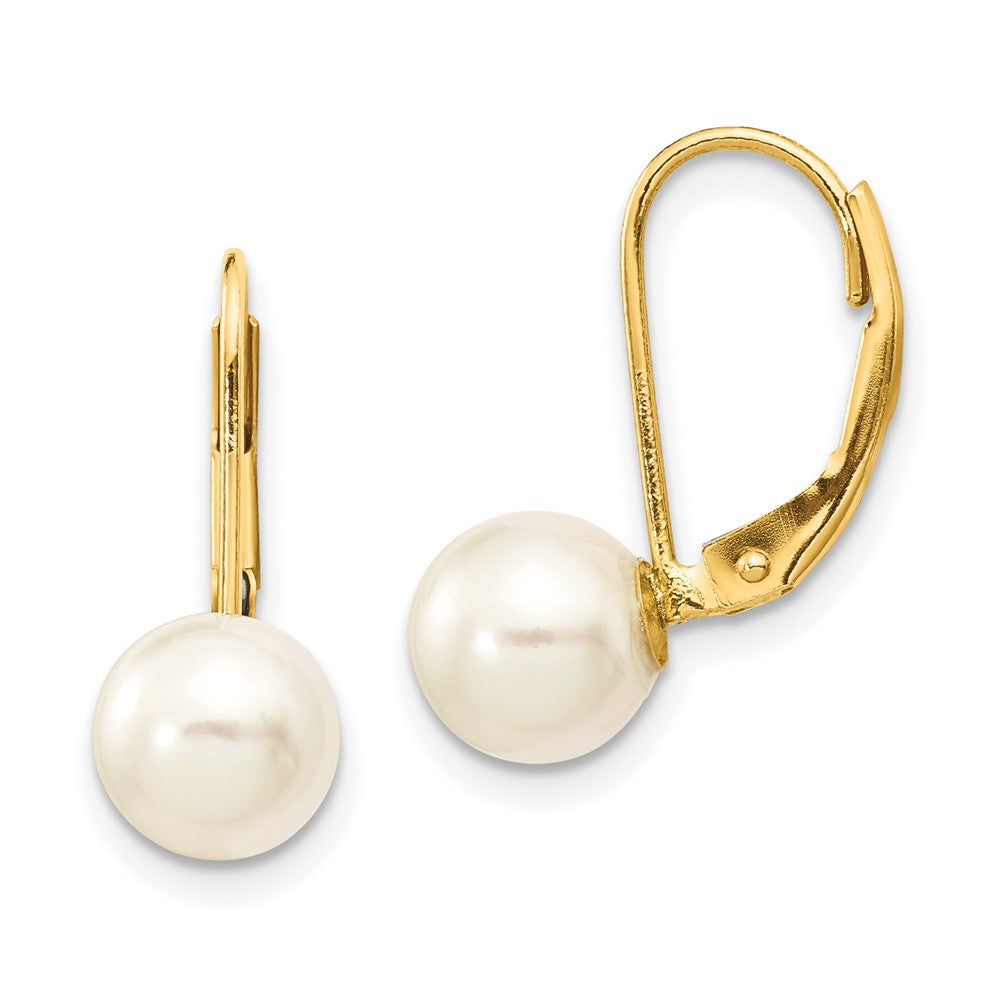14k 7- White Round Saltwater Akoya Cultured Pearl Leverback Earrings