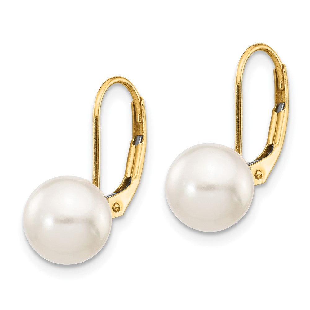 14k 8- White Round Akoya Saltwater Cultured Pearl Leverback Earrings