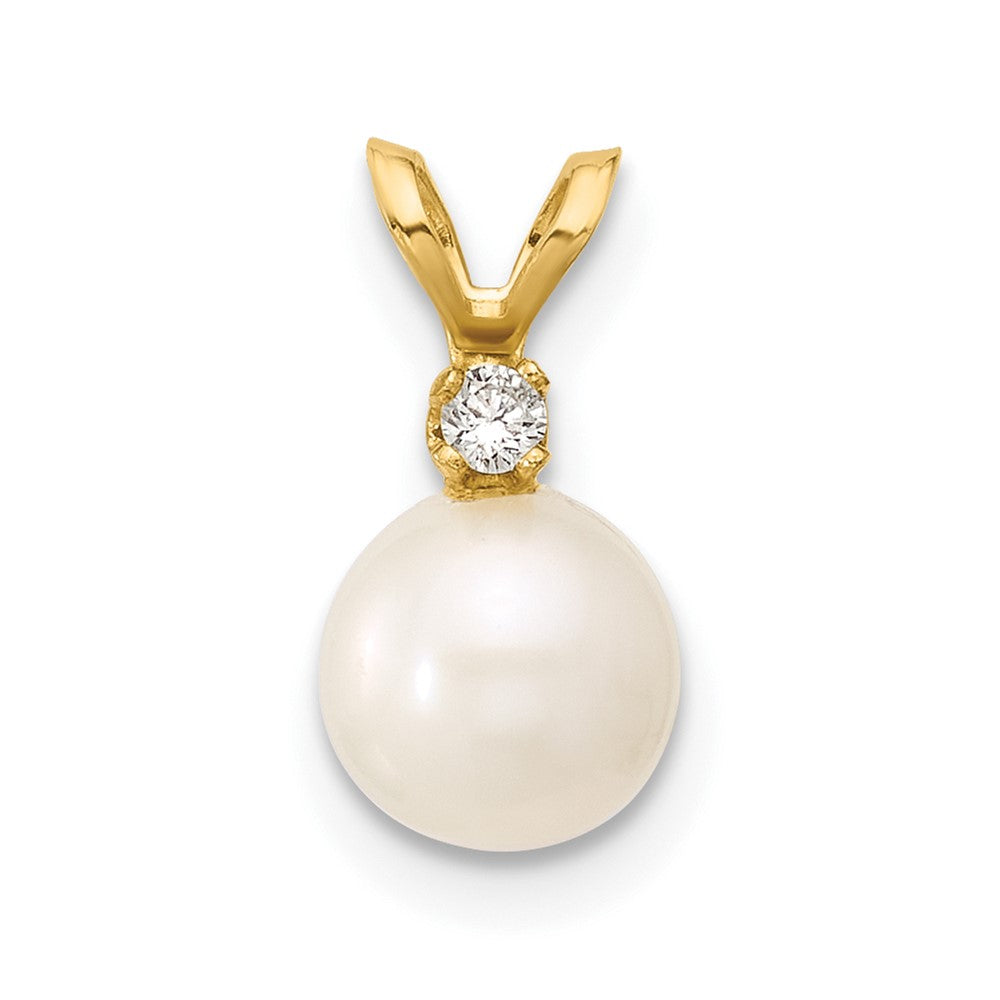 14k 6- White Round Freshwater Cultured Pearl and .03 Carat Diamond Pendant