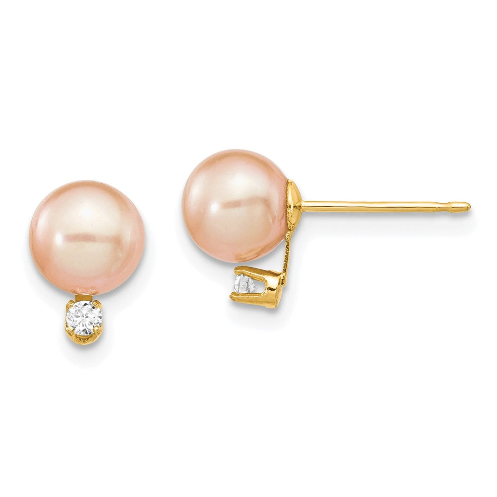 14k 6- Pink Round Freshwater Cultured Pearl and .06 Carat Diamond Post Earrings