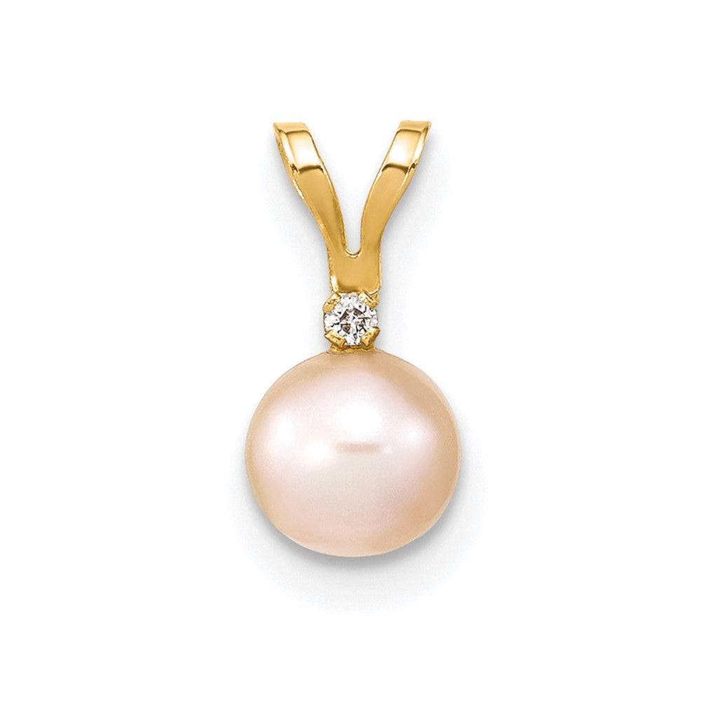 14k 5- Pink Round Freshwater Cultured Pearl and .01 Carat Diamond Pendant