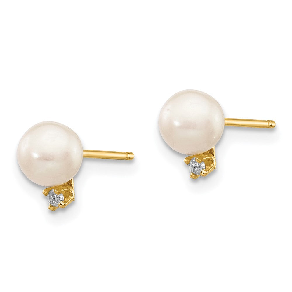 14k 5- White Round Freshwater Cultured Pearl and .02 Carat Diamond Post Earrings