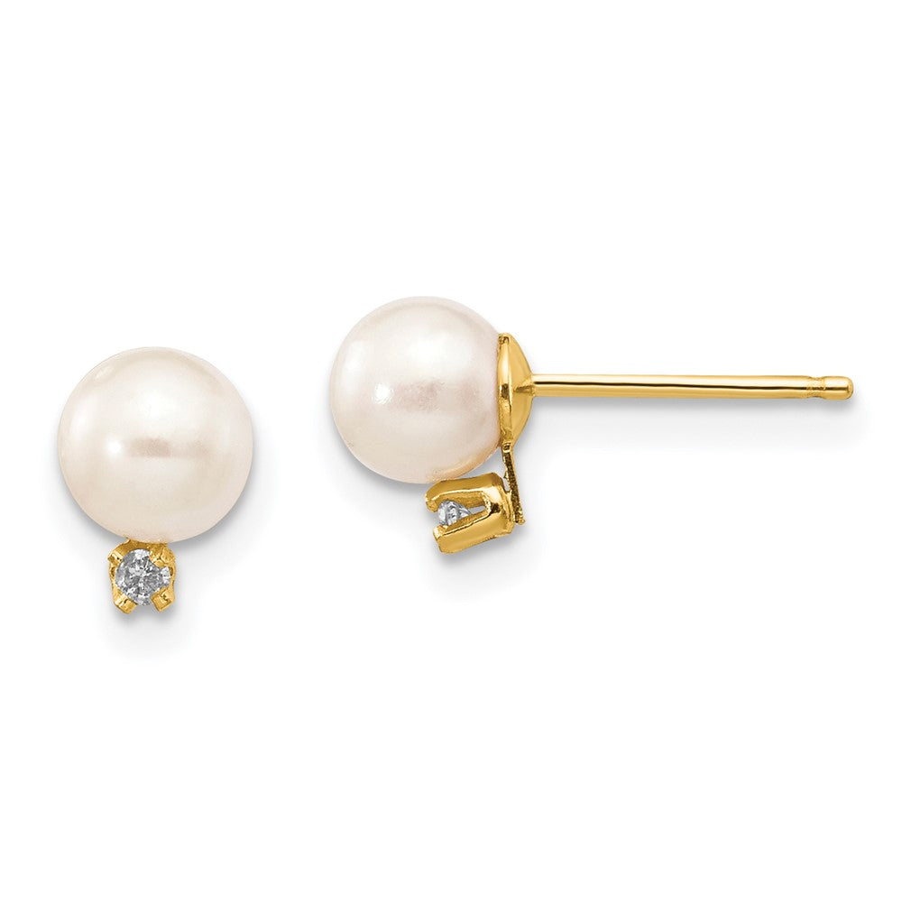 14k 5- White Round Freshwater Cultured Pearl and .02 Carat Diamond Post Earrings