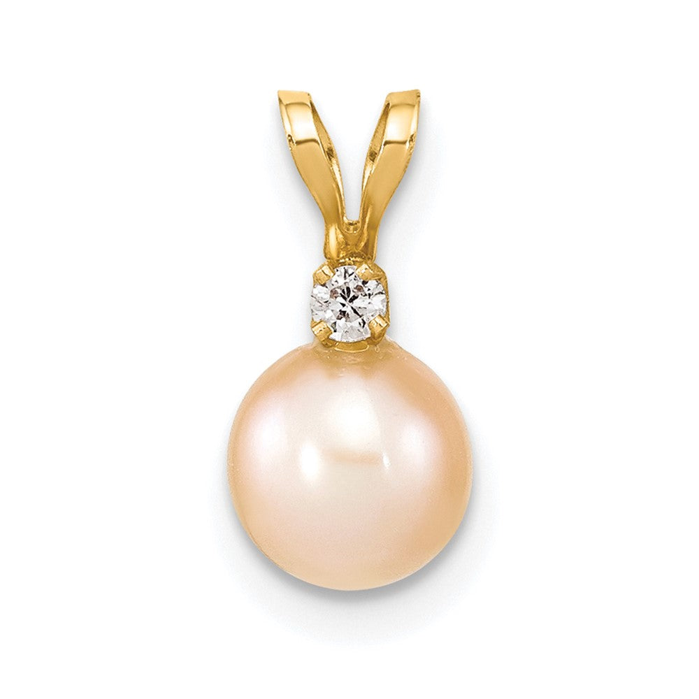 14k 6- Pink Round Freshwater Cultured Pearl and .03 Carat Diamond Pendant