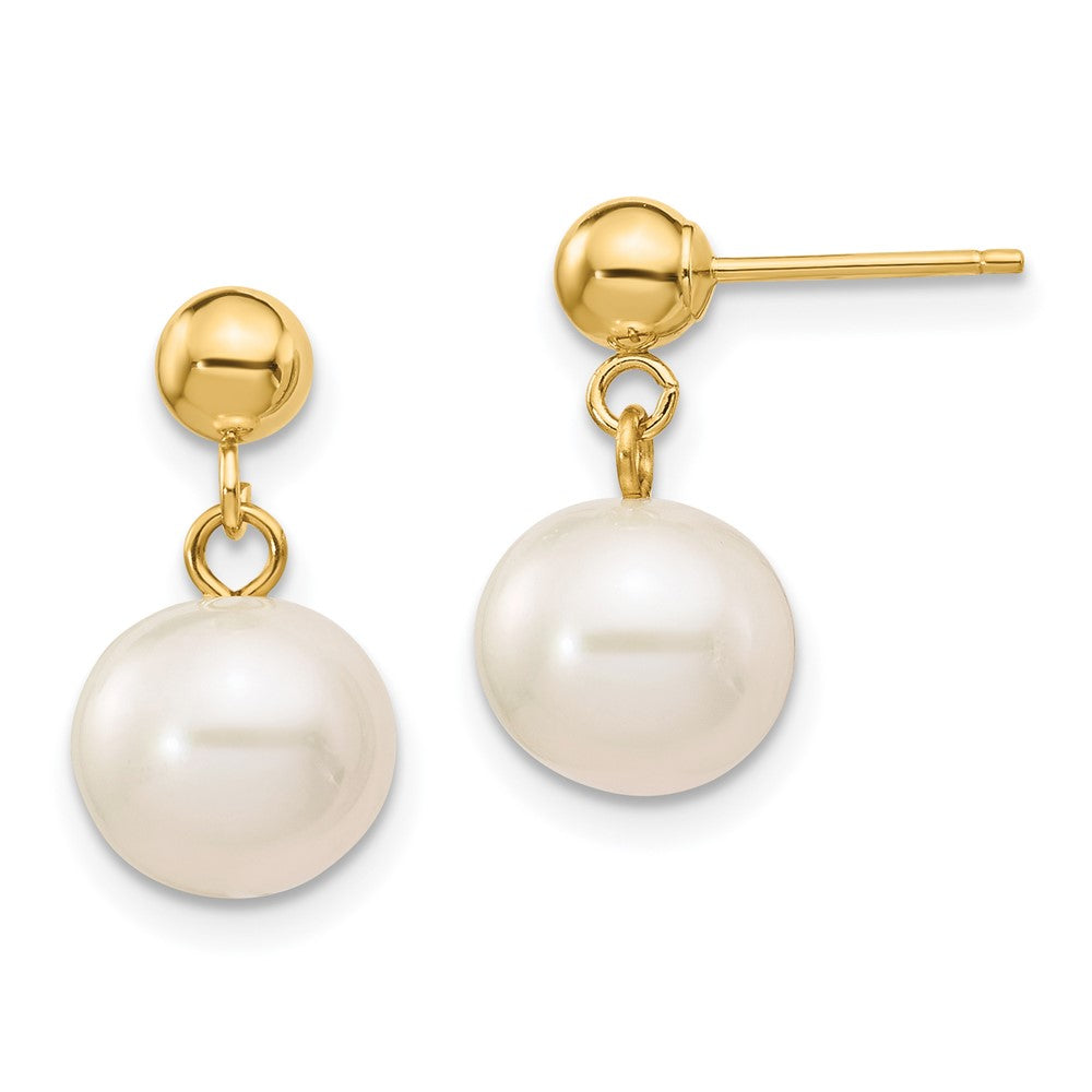 14k 8- White Round Freshwater Cultured Pearl Post Dangle Earrings