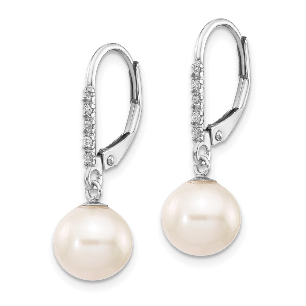 14k White Gold 8- White Round Freshwater Cultured Pearl and .05 Carat Diamond Dangle Leverback Earrings