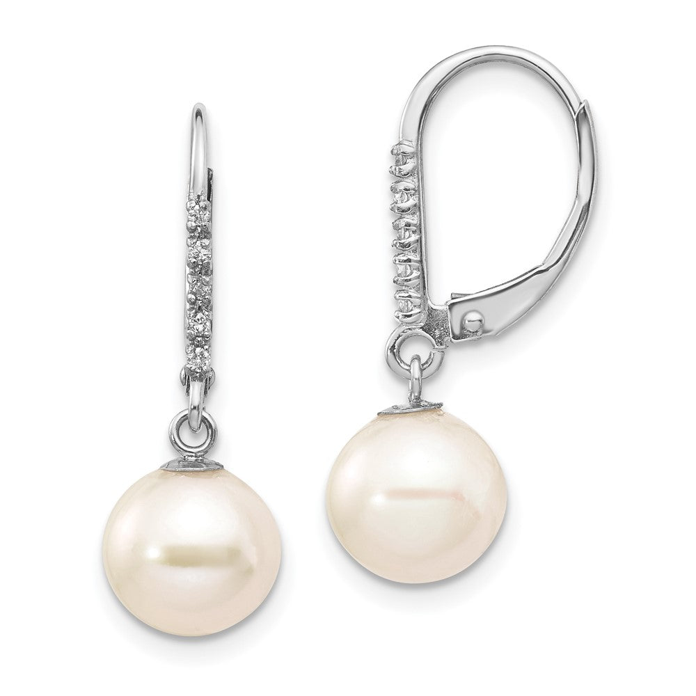 14k White Gold 8- White Round Freshwater Cultured Pearl and .05 Carat Diamond Dangle Leverback Earrings